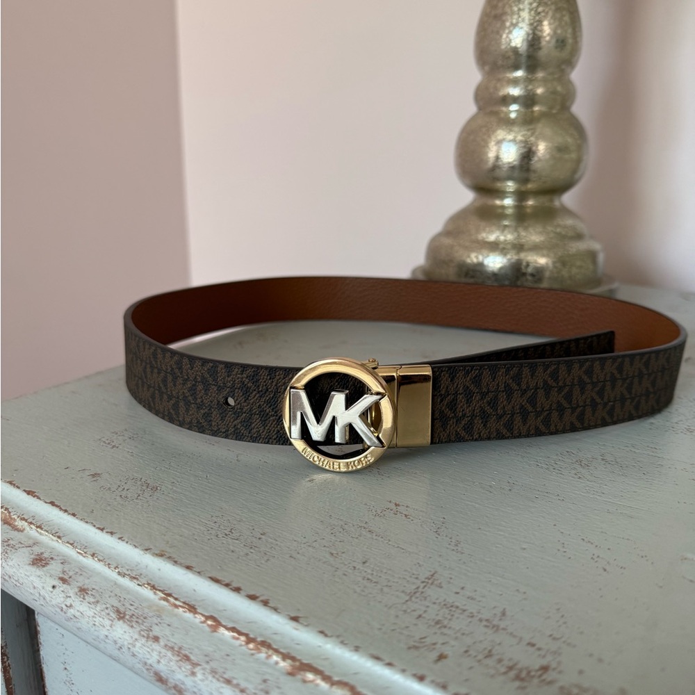 Michael Kors Dark Brown Belt with Gold MK Buckle